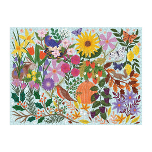 A completed jigsaw puzzle with vibrant floral and seasonal artwork on a white background. 