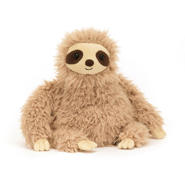 adorably soft plushie of a smiling sloth by popular brand Jellycat.