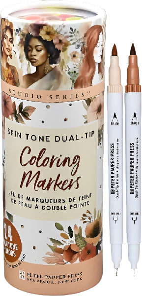 Peter Pauper Press skin tone dual-tip coloring markers with packaging and markers displayed.