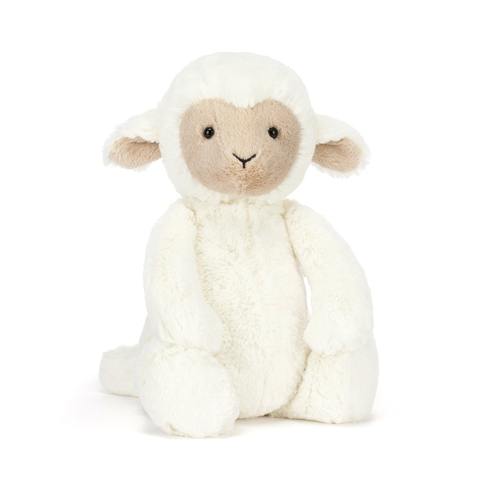 Front view of a white Jellycat lamb plush with a brown face on a white background