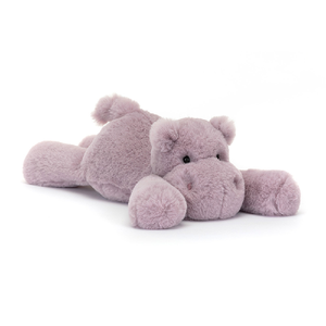 adorably soft plushie of a lilac hippo by popular brand Jellycat.