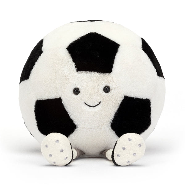 adorably soft plushie of a smiling soccer ball with feet by popular brand Jellycat.