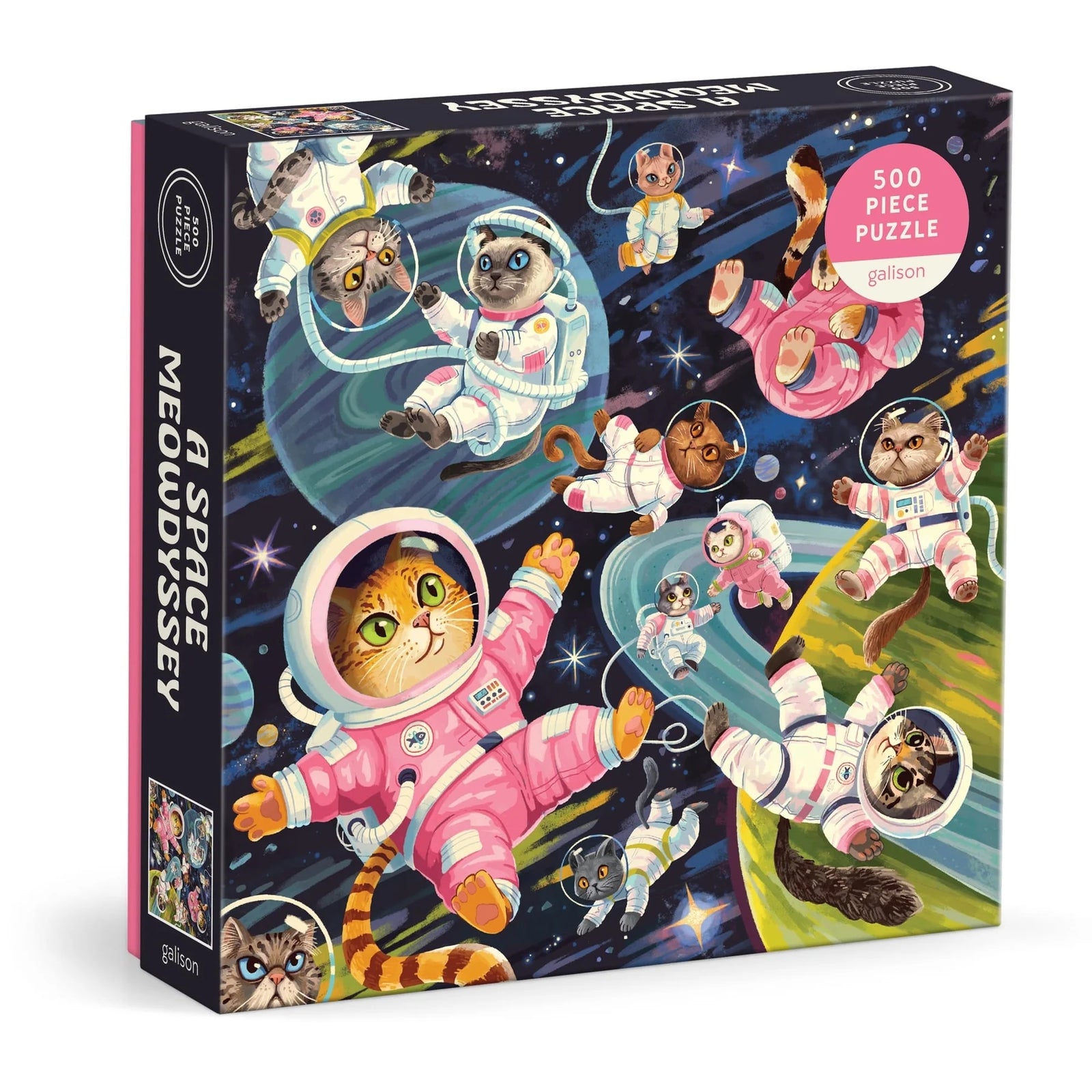 Puzzle box featuring illustrations of cat astronauts floating in space along with some planets and stars in the background. The text 'A Space Meowdyssey' is printed on the side of the box. 