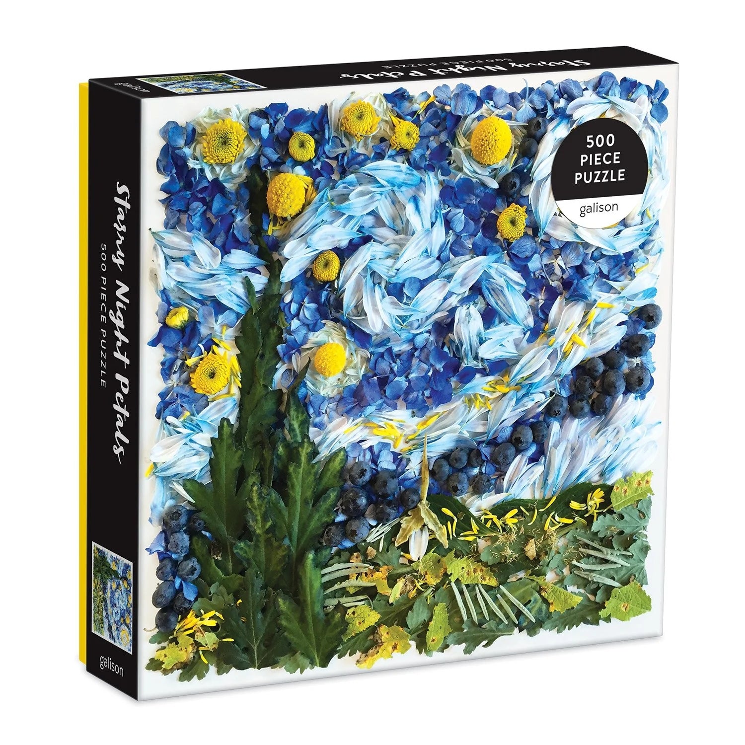 Puzzle box featuring a design inspired by Van Gogh's Starry Night created by a flower petal arrangement. The text 'Starry Night Petals' is printed on the side of the box. 