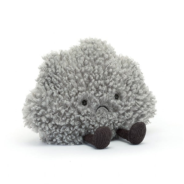 adorably soft plushie of a sad grey cloud with feet by popular brand Jellycat.