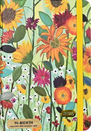 mint and yellow notebook with a bright yellow elastic. the cover is filled with colourful flowers, making the mint and yellow background almost imperceptible. bottom right corner text reads "2025" in gold. bottom left corner sticker text reads "16-month september 2024-december 2025". peter pauper product.