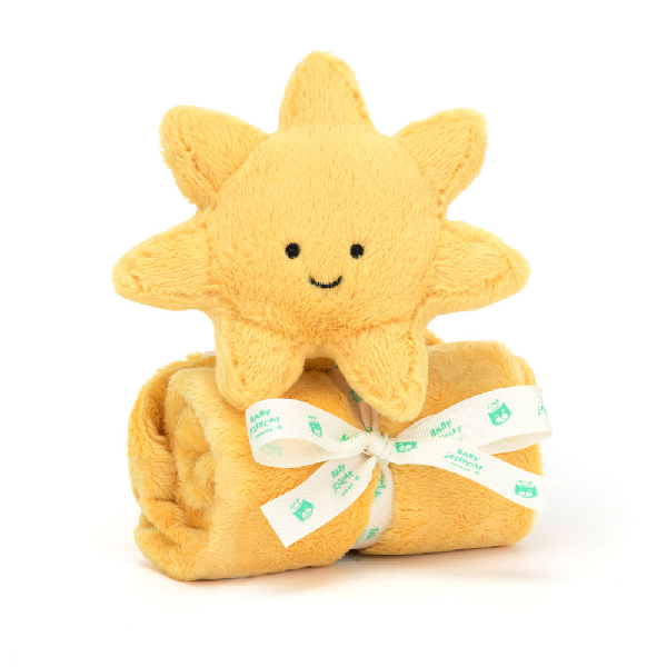 Front view of a Jellycat soft yellow sun soother with a smiling face on a white background