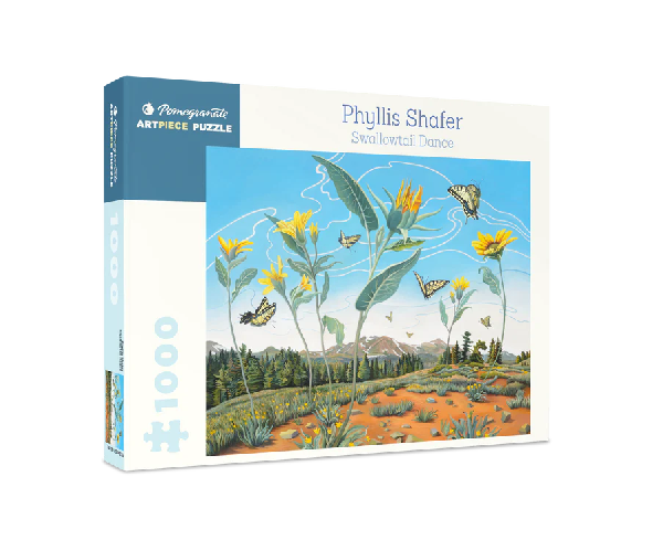 white puzzle box with blue accents. the centre of the box has an image of butterflies fluttering around yellow flowers