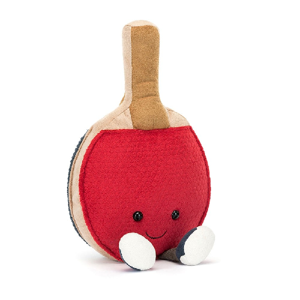 adorably soft plushie of a smiling table tennis racket with legs by popular brand Jellycat.