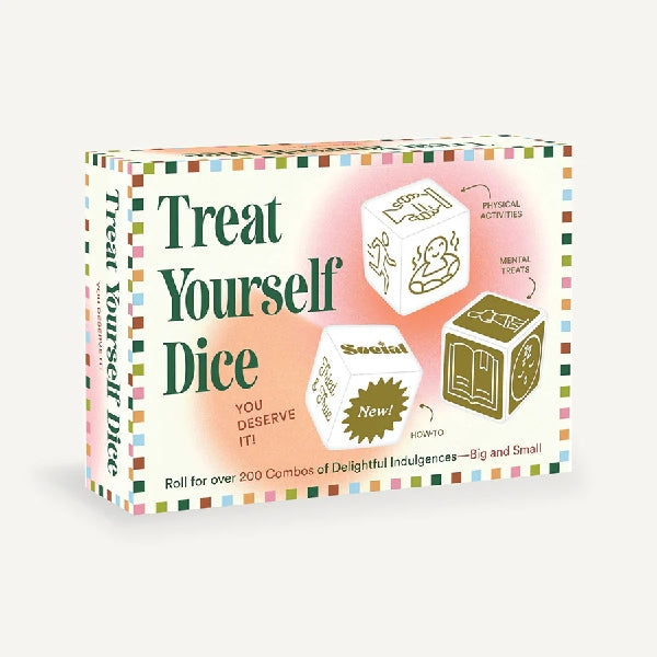 A product image featuring a box of Treat Yourself Dice Set with three dice visible on the front, indicating different activities such as 'Read a Book', 'Take a Nap', and 'Go for a Walk'. The box is colorful with text and design elements that emphasize self-care.