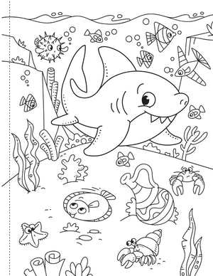Coloring page with a shark and underwater creatures on a white background