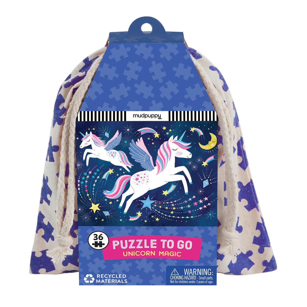 Packaged puzzle with flying unicorn design on a blue background.