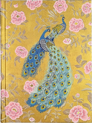 Notebook cover with two blue peacocks and a pink floral design on a golden background