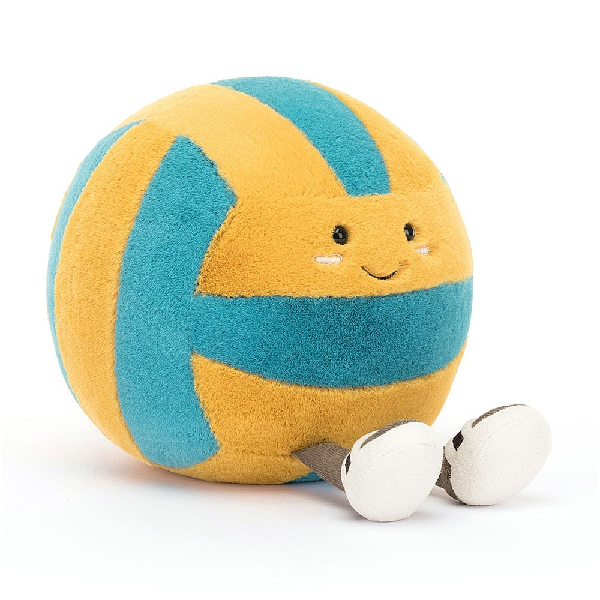 adorably soft plushie of a smiling volley ball with legs by popular brand Jellycat.