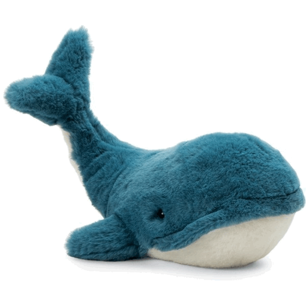 adorably soft plushie of a blue whale by popular brand Jellycat.