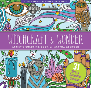 white activity book with a purple banner by peter pauper press. main text read "witchcraft & wonder artist's coloring book by martha zschock". behind the banner are doodles that include candles, gems, stars, and more 