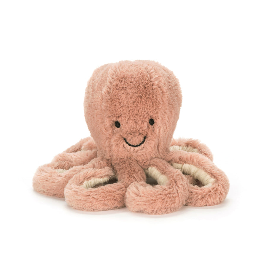 adorably soft plushie of a smiling pink octopus by popular brand Jellycat.