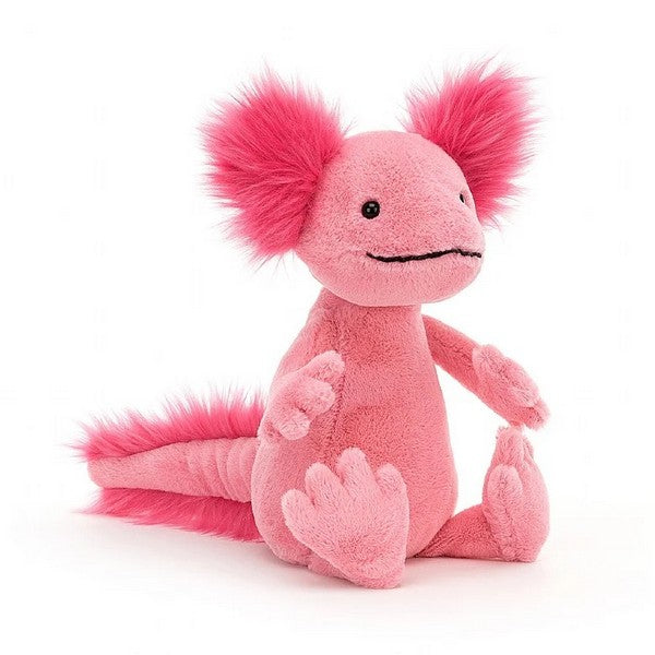 adorably soft plushie of a small, sitting, bright pink axolotl by popular brand Jellycat.