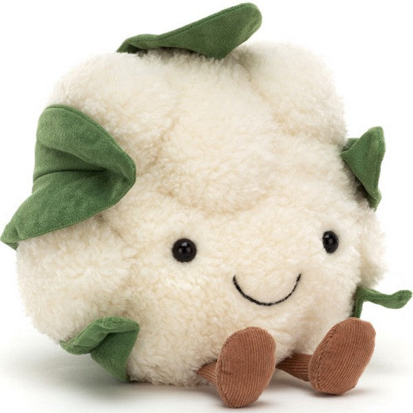 adorably soft plushie of a smiling cauliflower by popular brand Jellycat.