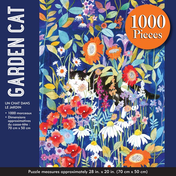 dark blue puzzle box with an image of the puzzle inside. a black and white cat hides in a colourful, blue-grass, and flowery garden. main text on the box reads "garden cat"