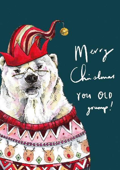 dark blue card with an illustration of a grumpy polar bear wearing glasses, a red jester hat, and an ugly christmas sweater. the text beside it writes "merry christmas you old grump!"