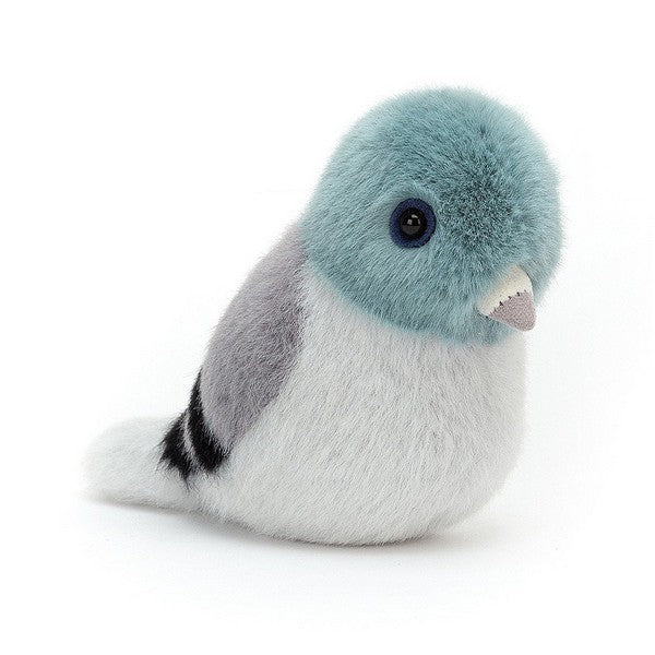 adorably soft plushie of a pigeon birdling by popular brand Jellycat.