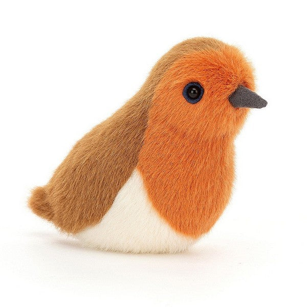 adorably soft plushie of a robin birdling by popular brand Jellycat.