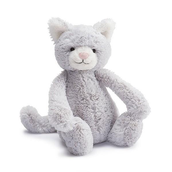 adorably soft plushie of a medium-sized, pale grey kitty by popular brand Jellycat.