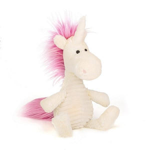 adorably soft ribbed plushie of a white unicorn with pink hair by popular brand Jellycat.
