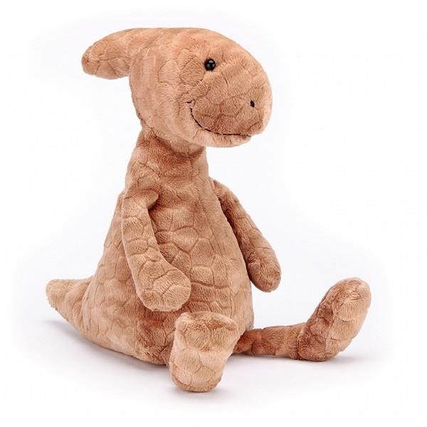 adorably soft plushie of a textured peach parasaurolophus by popular brand Jellycat.