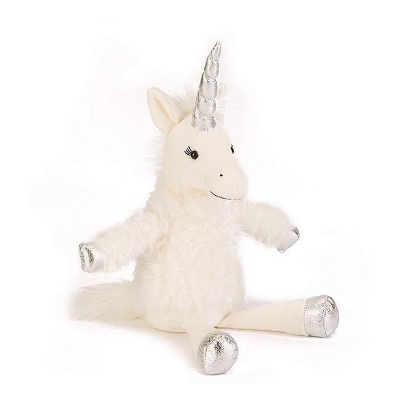 adorably soft plushie of a white unicron with silver details and black eyelashes by popular brand Jellycat.