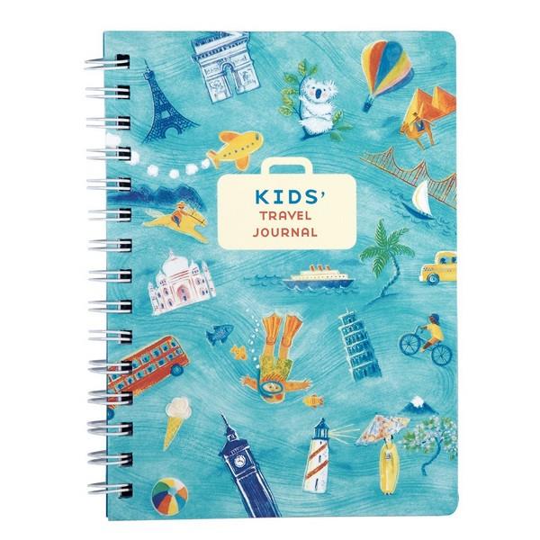 spiral journal with a blue cover. ice cream, the Taj Mahal, a London bus, and more vacation-related imagery feature on the blue wave of the cover. "Kid's Travel Journal" is written on a white luggage silhouette
