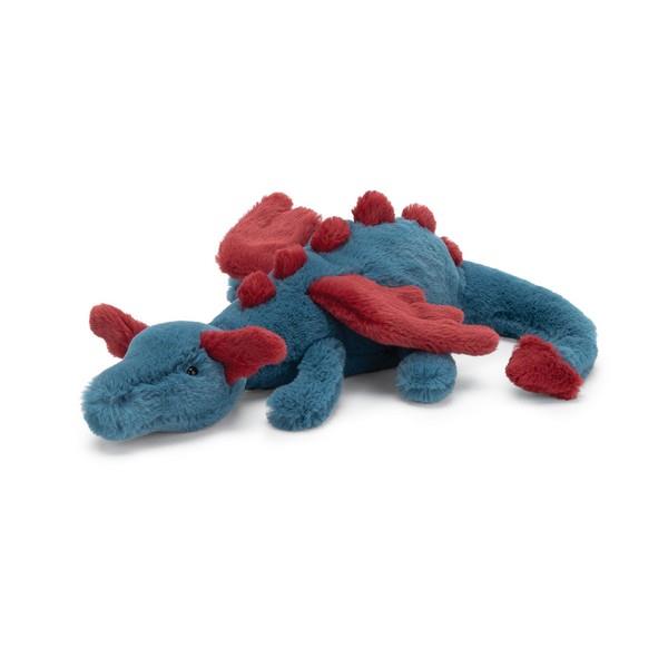 adorably soft plushie of a small blue dragon with red details by popular brand Jellycat.