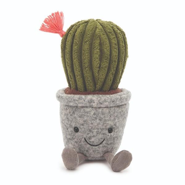 adorably soft plushie of a smiling potted cactus with legs by popular brand Jellycat.