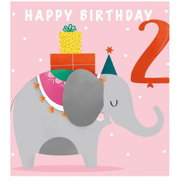pink birthday card. a smiling elephant carries presents on its back and wears a birthday hat. top text reads "happy birthday 2"