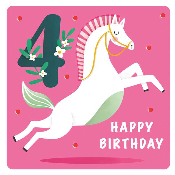 bright pink birthday card with a cartoonish horse jumping over the text "happy birthday". to the left of the white horse is the number four decorated with flowers.