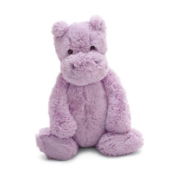 adorably soft plushie of a lilac hippo by popular brand Jellycat.