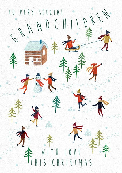 a white christmas card with tiny pine trees, a snow-covered cottage, and kids playing in the outside. the text around the doodles writes "to very special grandchildren with love this christmas"