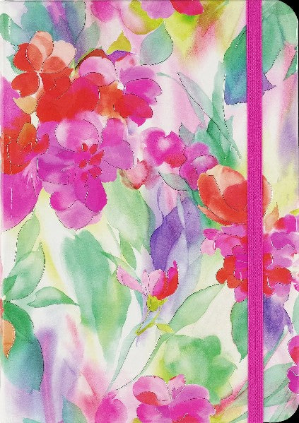 bright watercolour flower design fill the cover of a notebook. pink elastic clasps the notebook vertically