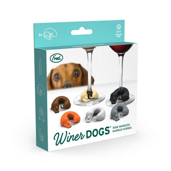 cute wine glass markers in the shape of sleeping dogs to be clipped around the glass's foot. colours include brown, yellow, black, orange, white, and grey.